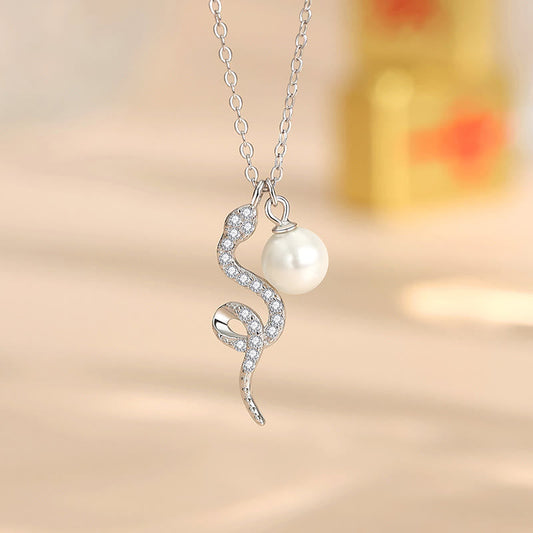 Buddhistblessing tempel Stones 925 Sterling Silver Pearl Year Of The Snake Blessing Sincerity Necklace Pendant