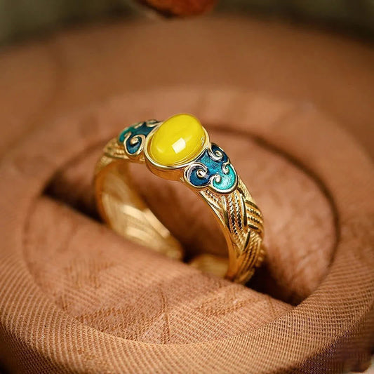 Buddhist Blessing Amber Copper Auspicious Clouds Focus Adjustable Ring