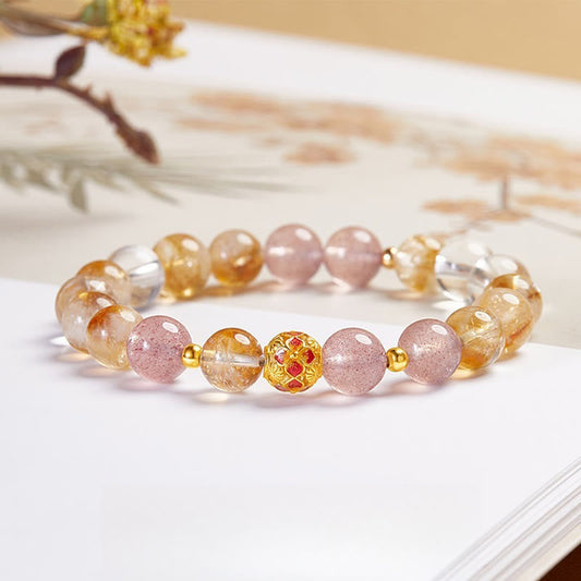 Buddhist Blessing 999 Sterling Silver Citrine Strawberry Quartz White Crystal Protection Bracelet