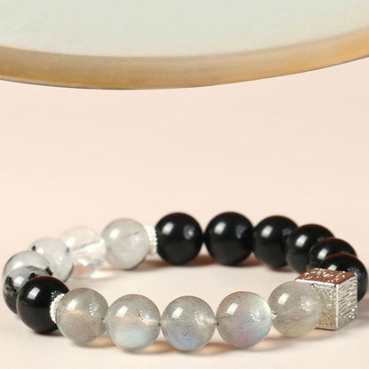 Buddhist Blessing Black Obsidian Black Rutilated Quartz Moonstone Cube Strength Bracelet