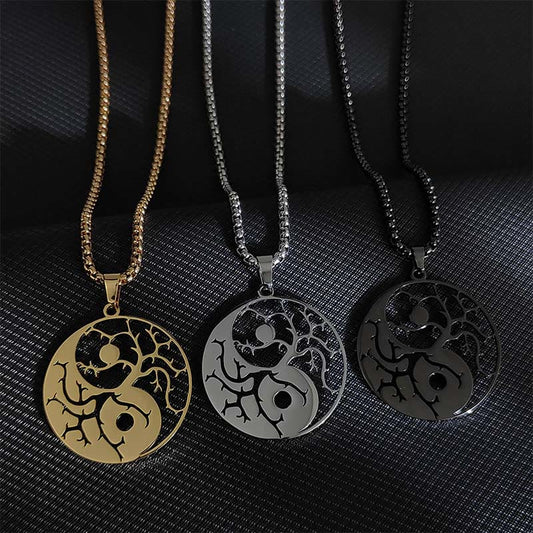 Buddhist Blessing Branches Hollow Yin Yang Design Stainless Steel Balance Necklace Pendant