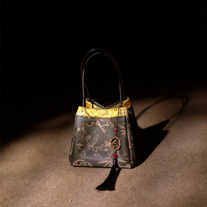 Buddhist Blessing Plum Flower Bamboo Branches Embroidery Tassel Xiangyunsha Silk Shoulder Bag Hangbags