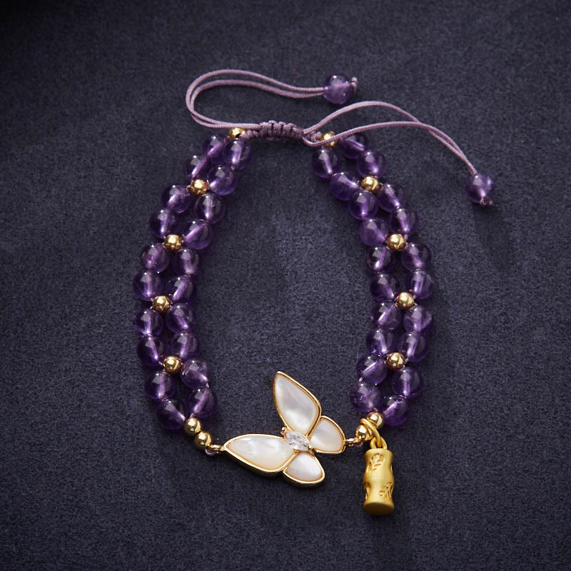 Buddhist Blessing Amethyst Butterfly Bamboo Balance Relieves Stress Braided String Bracelet