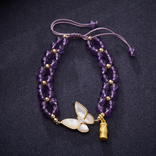 Buddhist Blessing Amethyst Butterfly Bamboo Balance Relieves Stress Braided String Bracelet