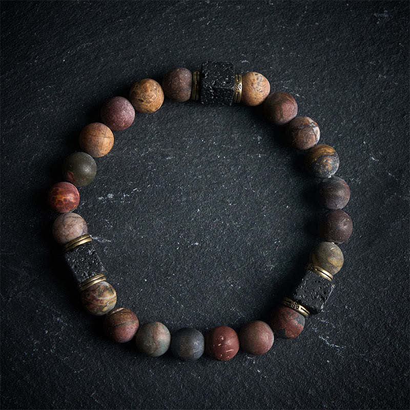Buddhist Blessing Natural Picasso Jasper Square Lava Rock Positive Bracelet