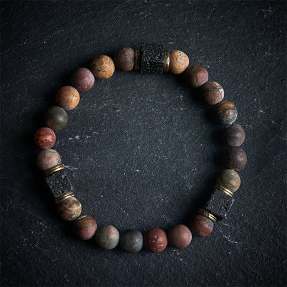 Buddhist Blessing Natural Picasso Jasper Square Lava Rock Positive Bracelet
