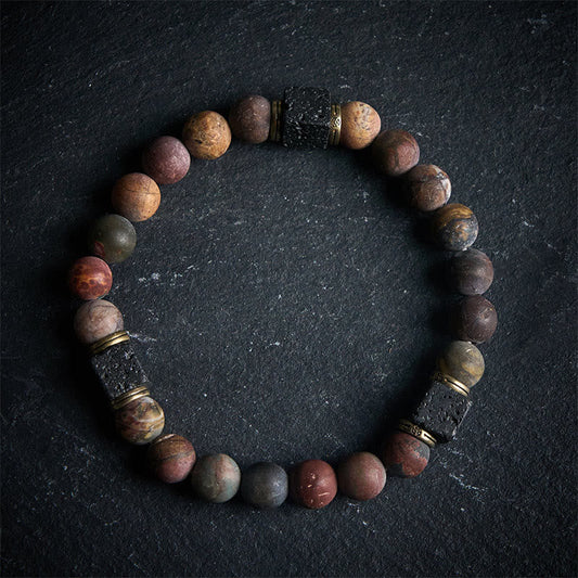 Buddhist Blessing Natural Picasso Jasper Square Lava Rock Positive Bracelet