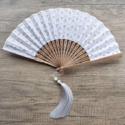 Buddhist Blessing Solid Color Hollow Flowers Embroidery Cotton Fabric Handheld Bamboo Folding Fan