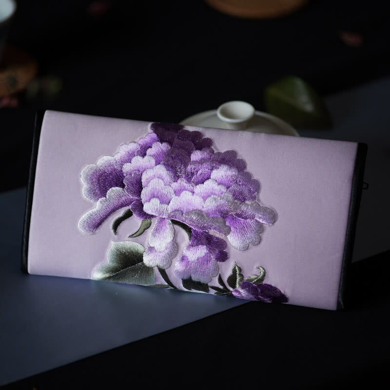 Buddhist Blessing Peony Flower Su Embroidery Journey Shopping Long Purse Handbag