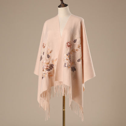 Buddhist Blessing Wool Shawl White Pink Flowers Golden Leaves Embroidery Tassel Winter Cozy Travel Scarf Wrap