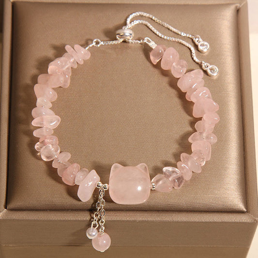 Buddhist Blessing Natural Pink Crystal Agate Gravel Stone Cat Head Soothing Bracelet
