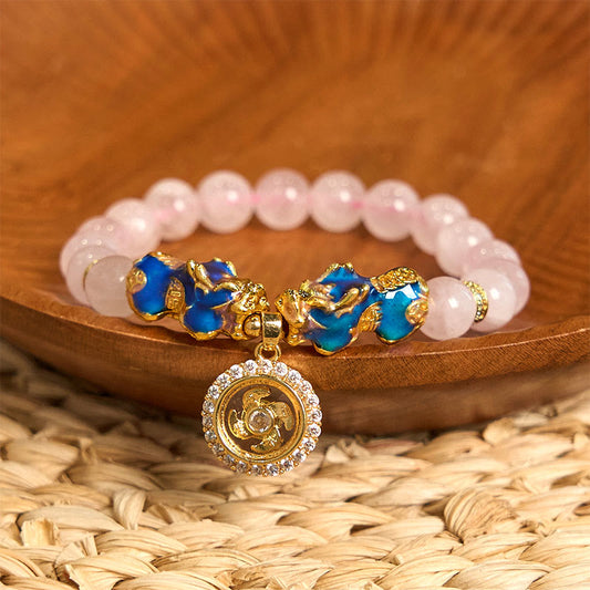 Buddhistblessing tempel Stones Pink Crystal Color Change Double PiXiu Cyclone Charm Warmth Bracelet