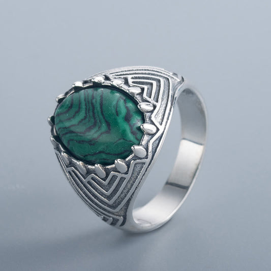 Buddhistblessing tempel Stones Oval Vintage 925 Sterling Silver Malachite Bead Calmness Ring