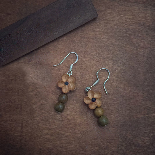 Buddhistblessing tempel Stones 925 Sterling Silver Peach Wood Flower Green Sandalwood Luck Earrings