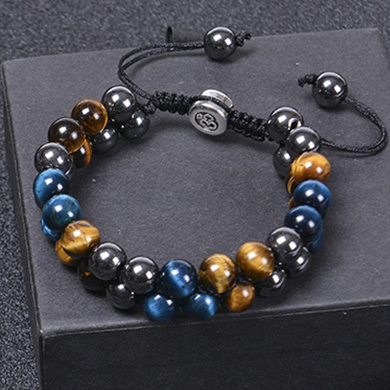 FREE Today: Positive Strength Natural Blue Tiger Eye Black Magnetite Om Pattern Double Row Beads Bracelet