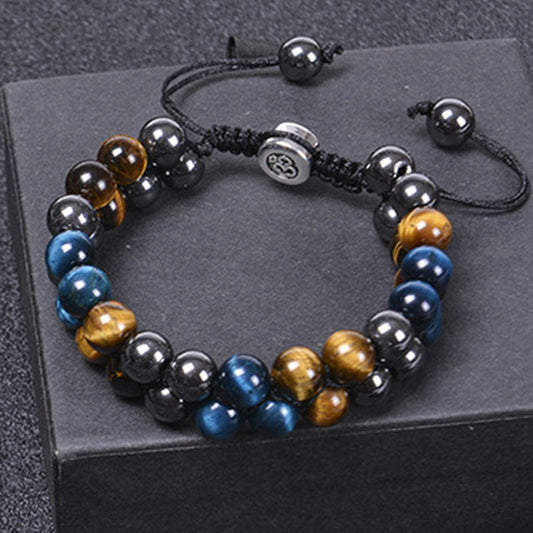 FREE Today: Positive Strength Natural Blue Tiger Eye Black Magnetite Om Pattern Double Row Beads Bracelet