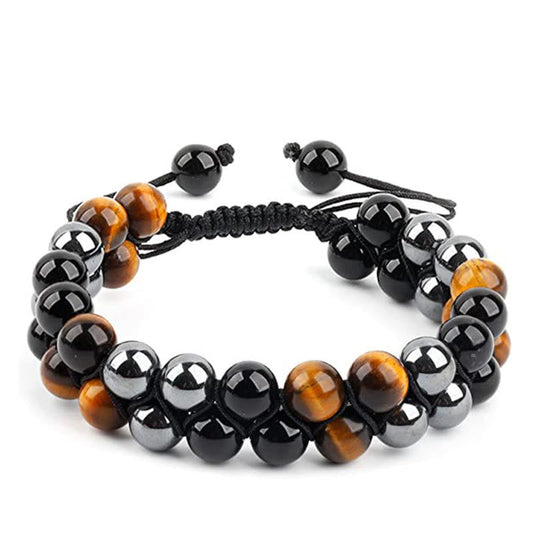 Buddhistblessing tempel Stones Natural Tiger Eye Black Magnetite Black Onyx Double Row Beads Protection Bracelet