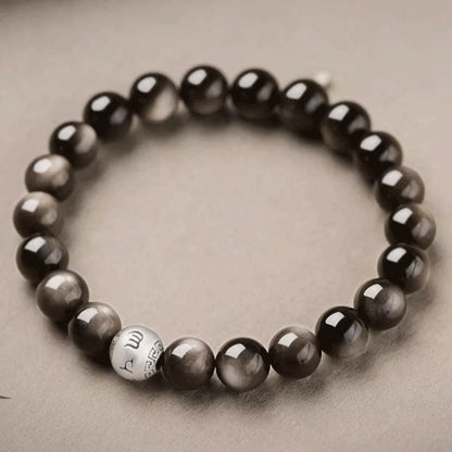 Buddhistblessing tempel Stones Natural Silver Sheen Obsidian Om Mani Padme Hum Protection Bracelet