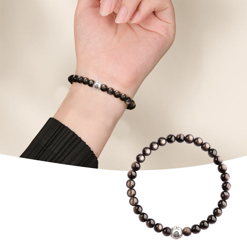 Buddhistblessing tempel Stones Natural Silver Sheen Obsidian Om Mani Padme Hum Protection Bracelet
