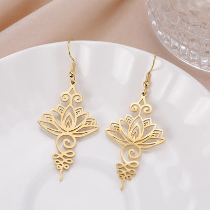 Buddhistblessing and New Beginning Hollow Lotus Flower Stainless Steel Metal Drop Earrings