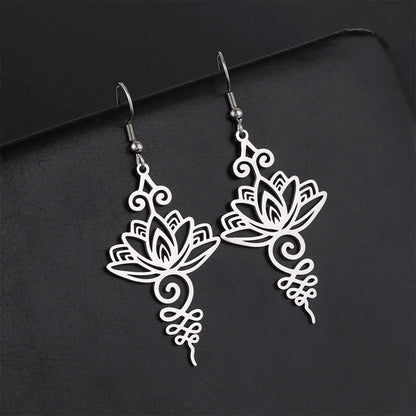 Buddhistblessing and New Beginning Hollow Lotus Flower Stainless Steel Metal Drop Earrings