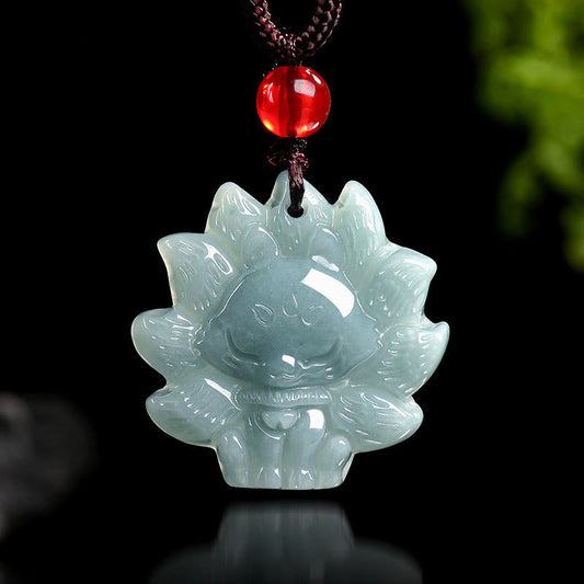 Buddhistblessing tempel Stones Natural Green Jade Nine Tailed Fox Abundance Necklace Pendant