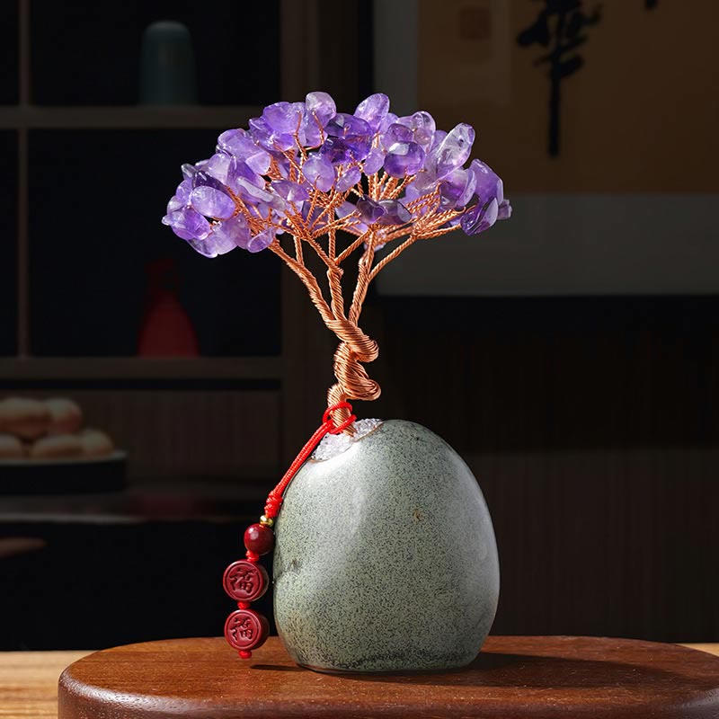 Buddhistblessing tempel Stones Citrine Amethyst Green Aventurine Crystal Tree Ceramic Base Prosperity Home Decoration