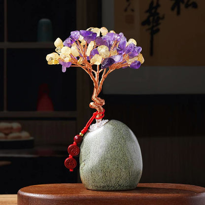 Buddhistblessing tempel Stones Citrine Amethyst Green Aventurine Crystal Tree Ceramic Base Prosperity Home Decoration