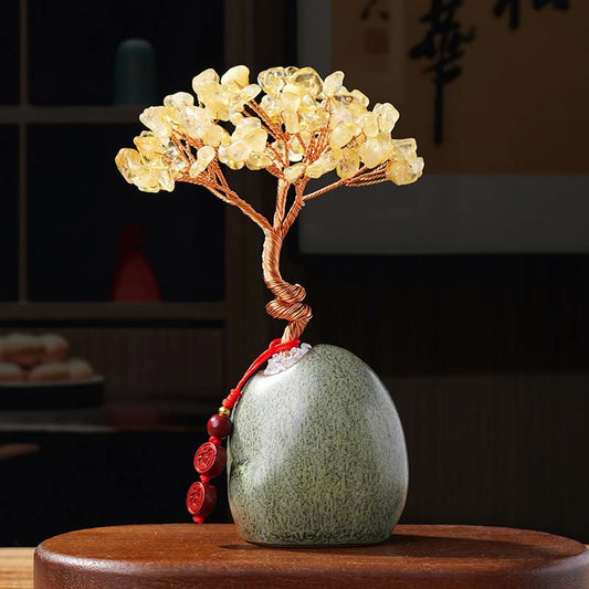 Buddhistblessing tempel Stones Citrine Amethyst Green Aventurine Crystal Tree Ceramic Base Prosperity Home Decoration