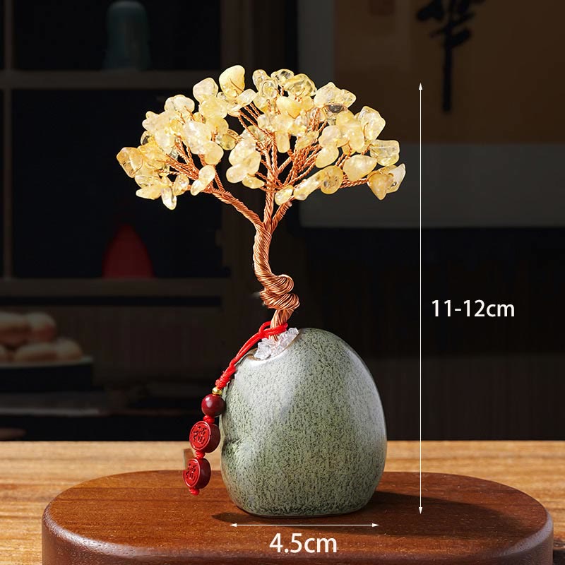 Buddhistblessing tempel Stones Citrine Amethyst Green Aventurine Crystal Tree Ceramic Base Prosperity Home Decoration