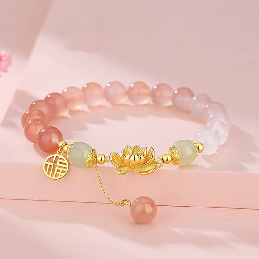 Buddhistblessing tempel Stones 925 Sterling Silver Natural Gradient Agate Hetian Jade Lotus Fu Character Enlightenment Bracelet