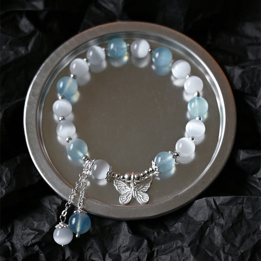 Buddhistblessing  Cat's Eye Aquamarine Butterfly Charm Support Bracelet