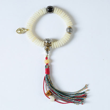 Buddhistblessing Natural White Bodhi Seed Stone Wisdom Tassel Wrist Mala Bracelet