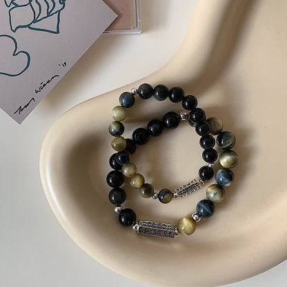 Buddhist Blessing Natural Black Obsidian Tiger's Eye Six True Words 'om Mani Padme Hum' Strength Love Bracelet