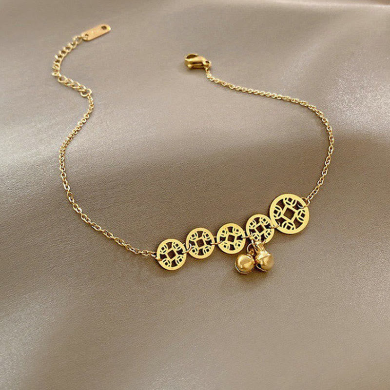 Buddhist Blessing Copper Coins Bell Charm Titanium Steel Strengthen Anklet