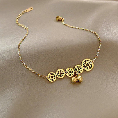 Buddhist Blessing Copper Coins Bell Charm Titanium Steel Strengthen Anklet