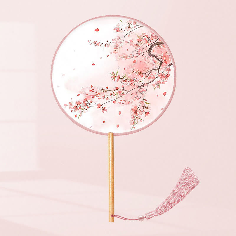 Buddhist Blessing Ginkgo Leaf Koi Fish Cherry Blossom Spring Flowers Handheld Wood Handle Fan