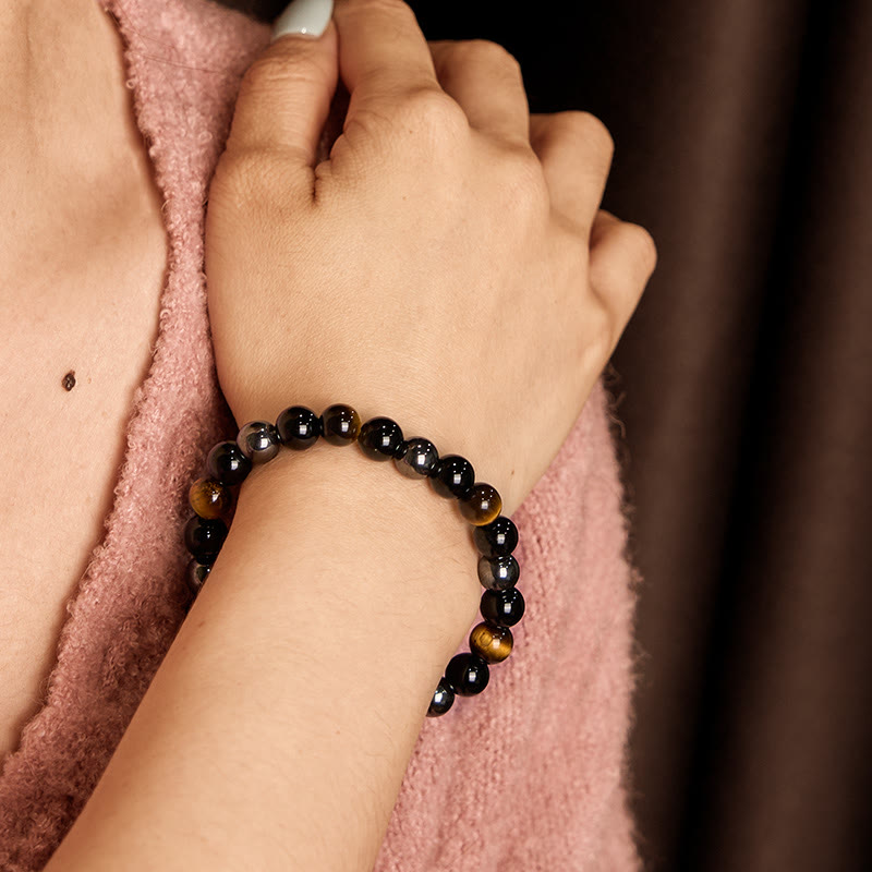 Buddhist Blessing Natural Tiger's Eye Obsidian Hematite Positive Powerful Bracelet