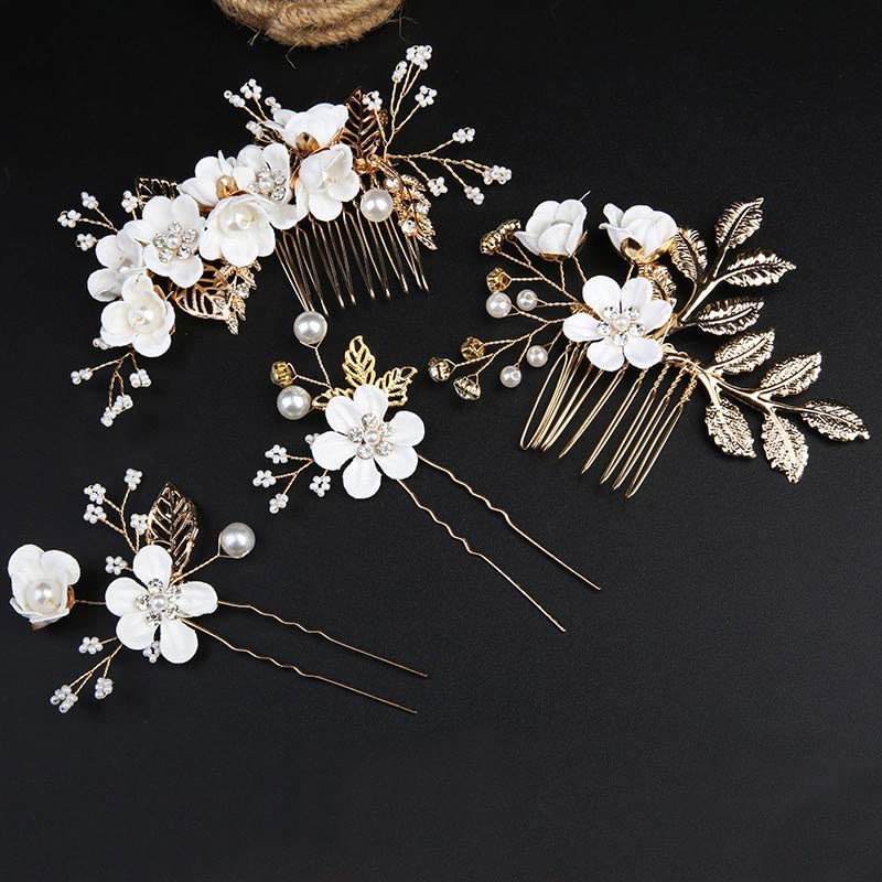 Buddhist Blessing 4Pcs Handmade Wedding Golden Leaf Flower Pearl Hairpin Hair Comb Set