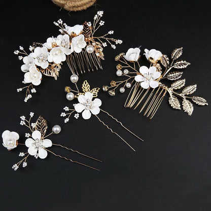 Buddhist Blessing 4Pcs Handmade Wedding Golden Leaf Flower Pearl Hairpin Hair Comb Set