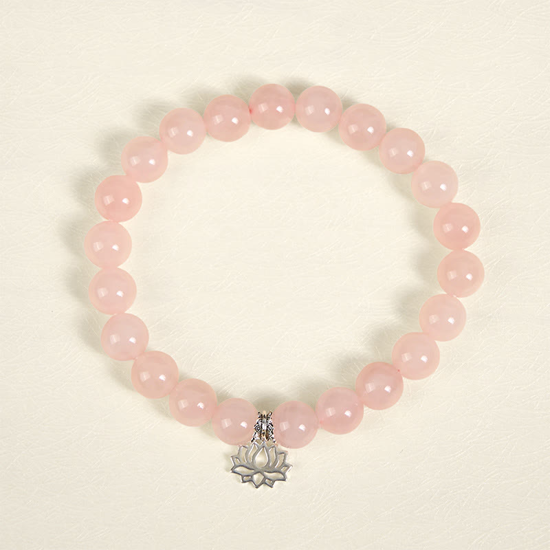 Buddhist Blessing 925 Sterling Silver Lotus Design Natural Pink Crystal Soothing Bracelet