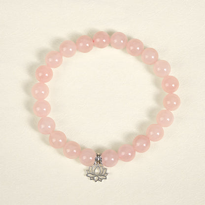 Buddhist Blessing 925 Sterling Silver Lotus Design Natural Pink Crystal Soothing Bracelet