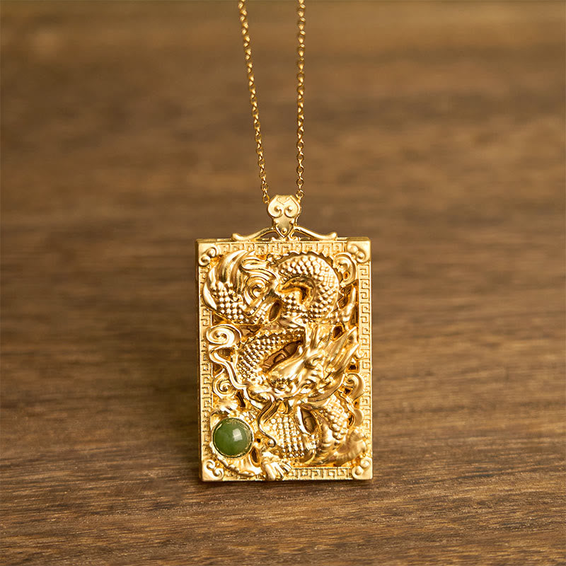 Buddhist Blessing Dragon Gold Plated Copper Hetian Jade Strength Necklace Pendant