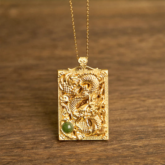Buddhist Blessing Dragon Gold Plated Copper Hetian Jade Strength Necklace Pendant