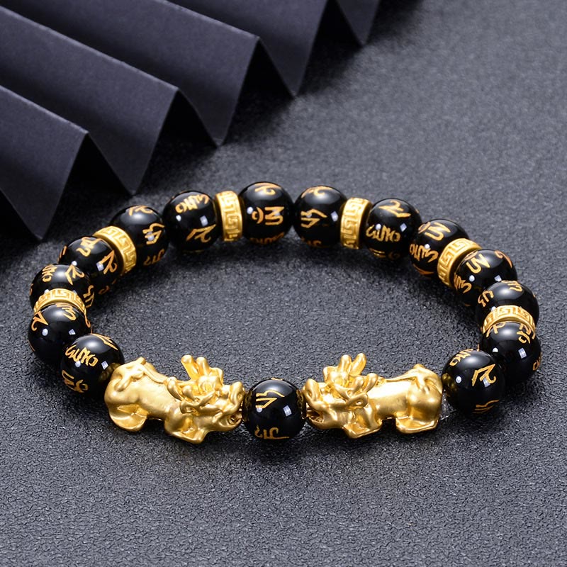 Buddhist Blessing Black Obsidian Black Onyx Golden Alloy Two PiXiu Om Mani Padme Hum Strength Bracelet