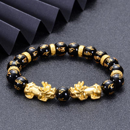 Buddhist Blessing Black Obsidian Black Onyx Golden Alloy Two PiXiu Om Mani Padme Hum Strength Bracelet