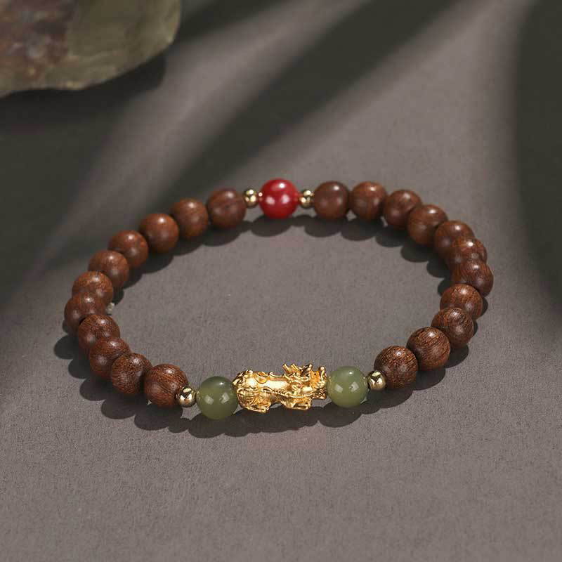 Buddhist Blessing 999 Sterling Silver Sandalwood Ebony Wood Small Leaf Red Sandalwood Hetian Jade Cinnabar PiXiu Wealth Bracelet