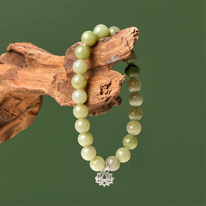Buddhist Blessing 925 Sterling Silver Lotus Natural Cyan Jade Luck Bracelet