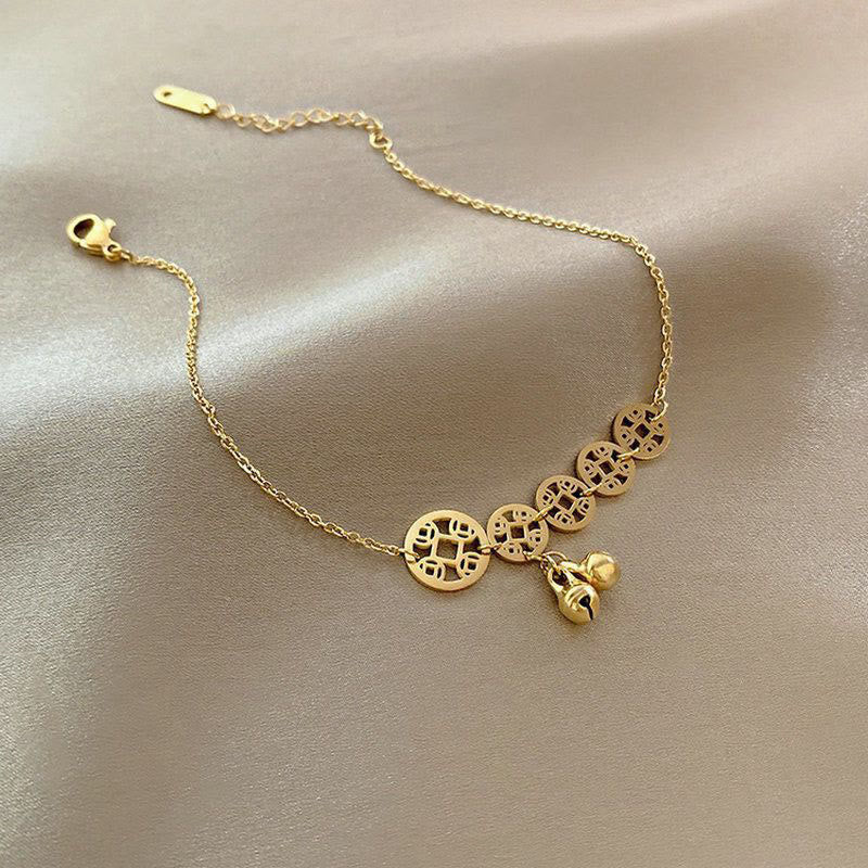 Buddhist Blessing Copper Coins Bell Charm Titanium Steel Strengthen Anklet
