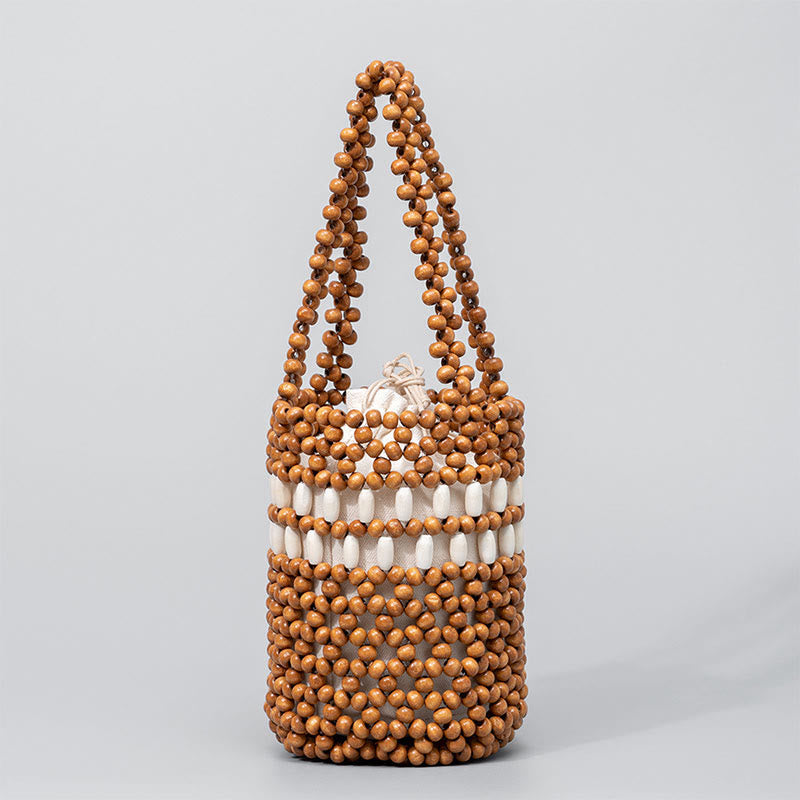 Buddhist Blessing Hand-woven Bucket Portable Wooden Beads Handbag